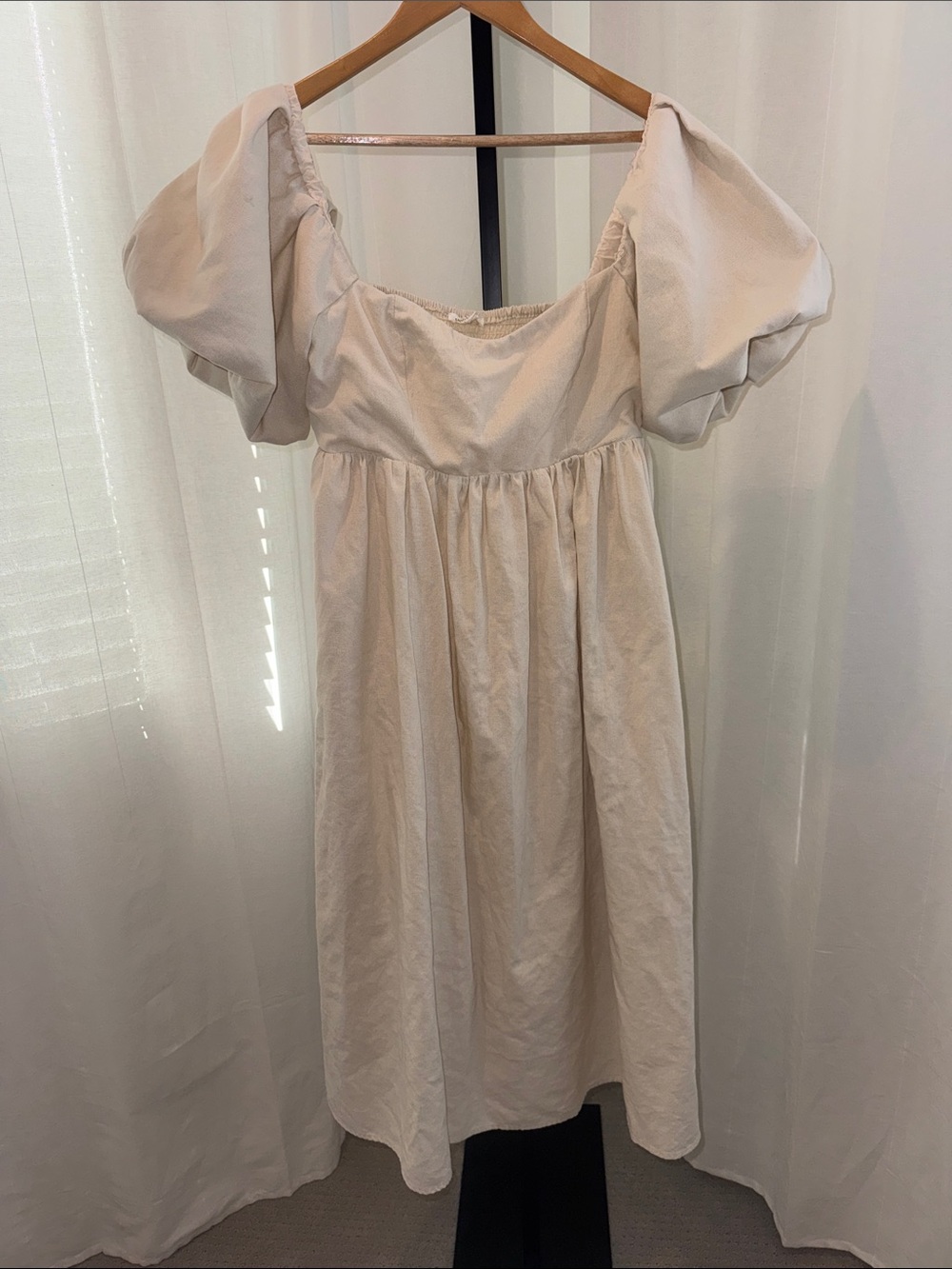 Puff Sleeve Cream Midi Dress